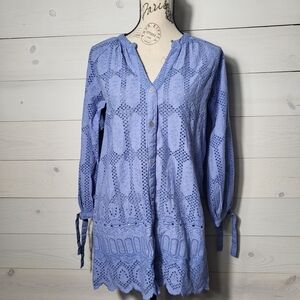 Shore Eyelet Tunic Top Long Sleeve Cotton Dress Coastal Beach Vacation Cover Up.